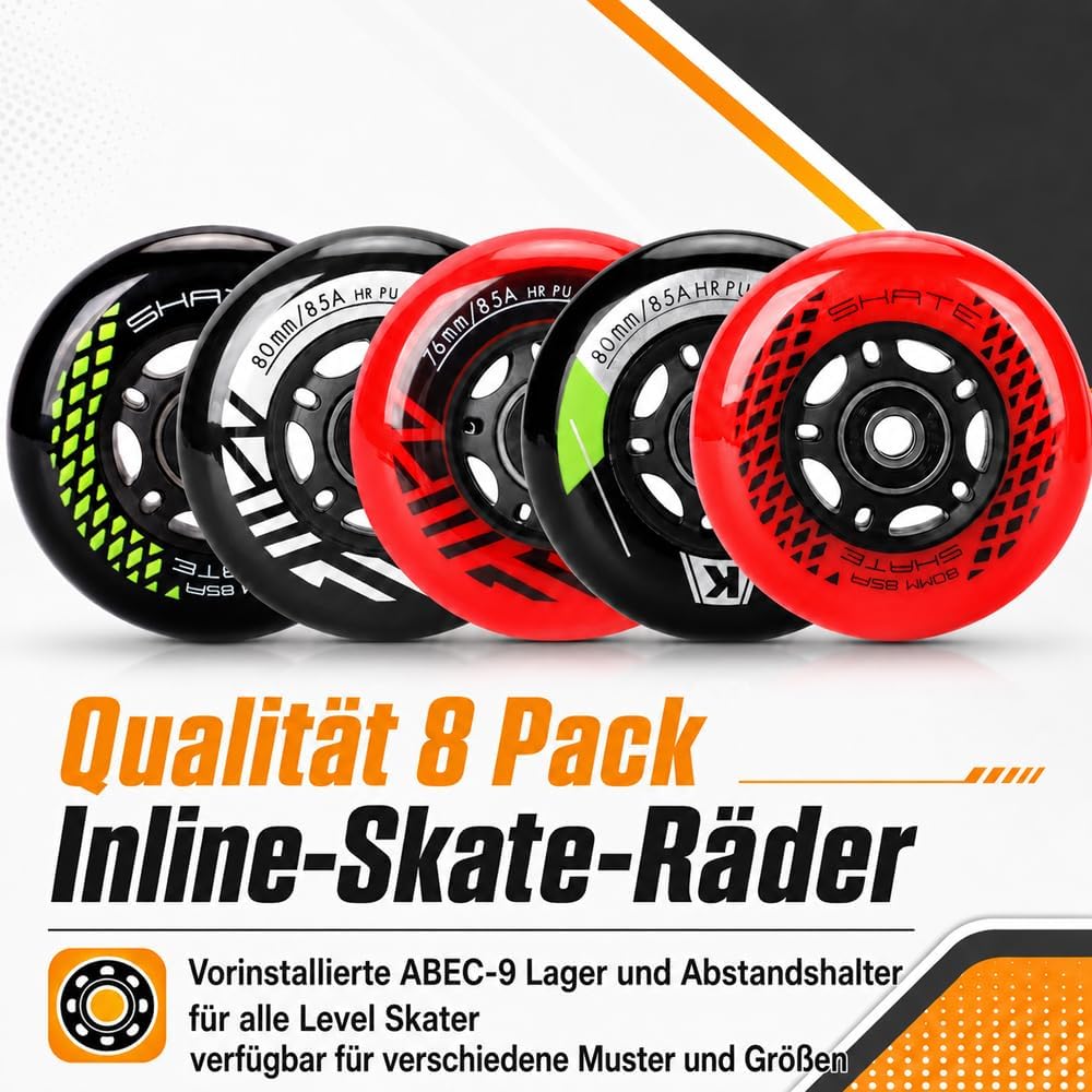 Inline Skate Rollen 80mm 76mm 72mm - 8 Stück Inline Skate Räder 85a inliner rollen mit kugellager AB