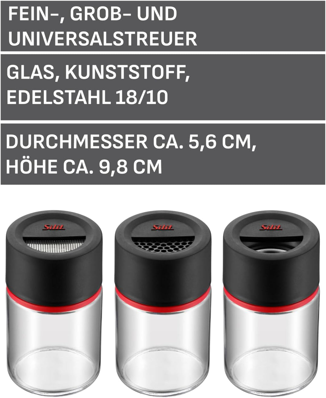 Silit Storio Gewürzstreuer-Set 3-teilig, Feinstreuer Grobstreuer Gewürzglas Glas, Kunststoff, spülma