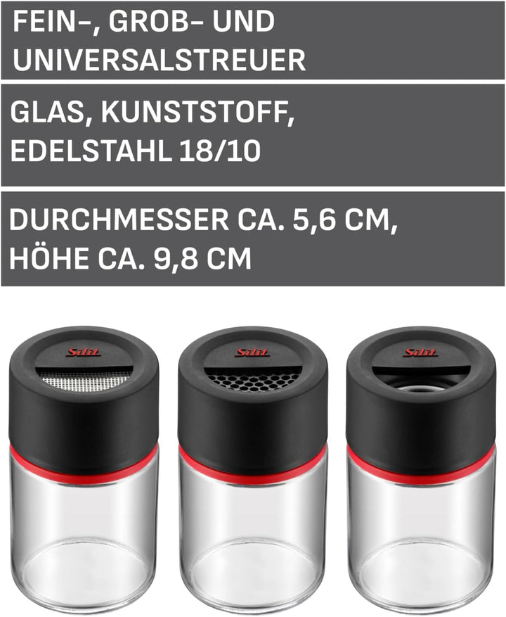 Silit Storio Gewürzstreuer-Set 3-teilig, Feinstreuer Grobstreuer Gewürzglas Glas, Kunststoff, spülma