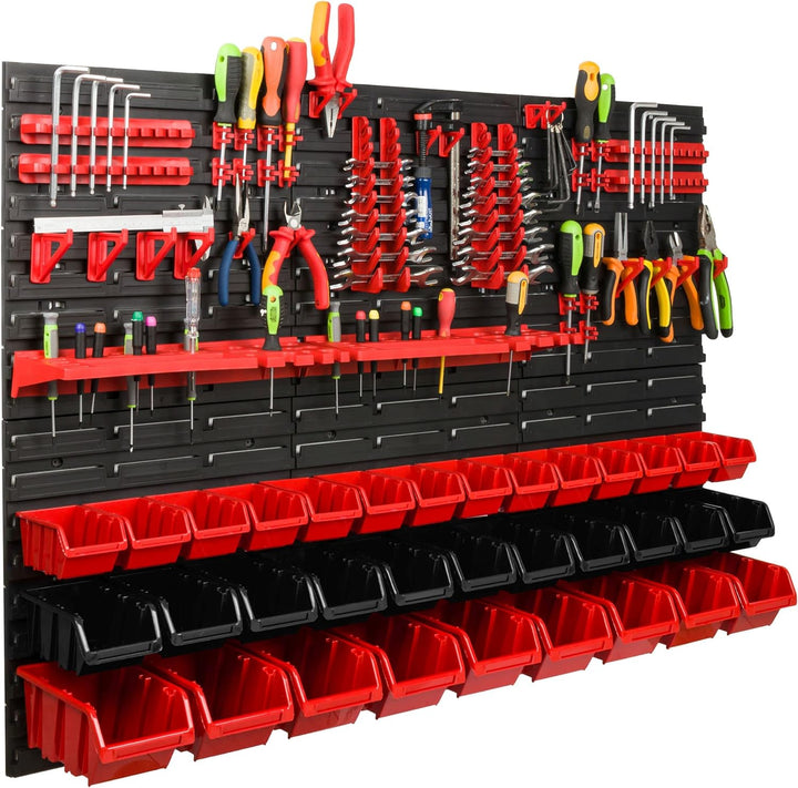 Lagersystem Werkstattregal | 117 x 78 cm | 34 stck. Box | Wandregal mit Werkzeughalterungen und Stap