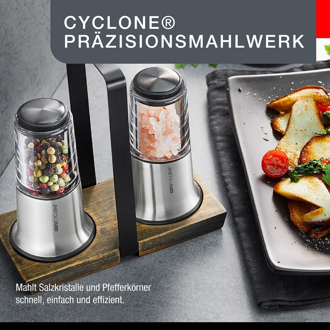 Gefu Salz- und Pfeffermühlen-Set X-PLOSION, 2er Set mit Menage, Mühlen mit Keramikmahlwerk, Holzunte