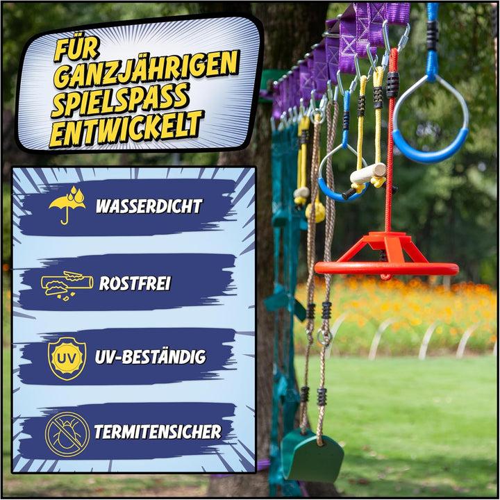 Ninja Warrior Obstacle Course for Kids Workout Equipment, 2 x 55ft Slacklines with 10 Weatherproof &