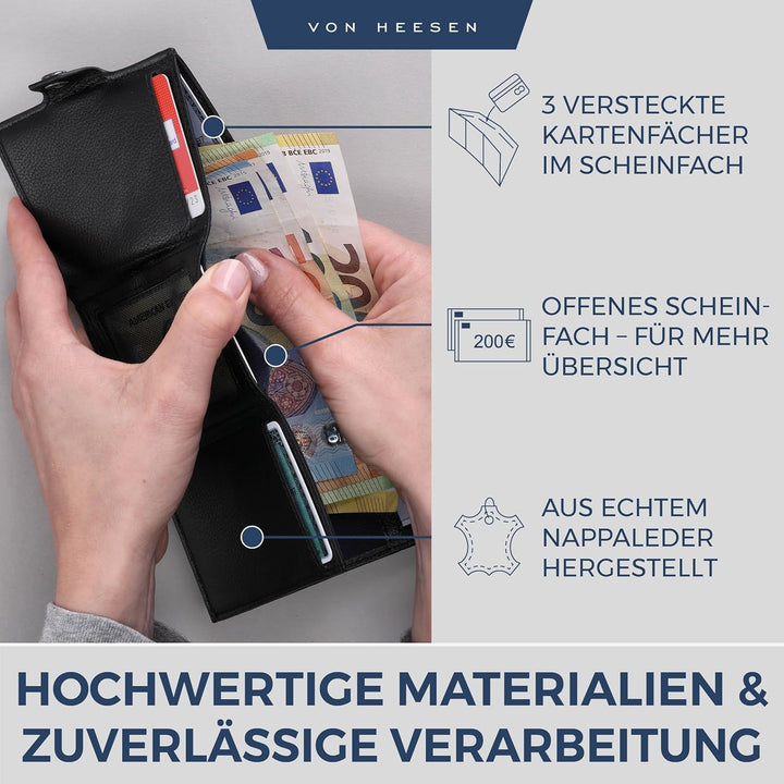 VON HEESEN Slim Wallet mit Münzfach Schwarz Schwarz MINI MÜNZFACH (Kartenslot), Schwarz MINI MÜNZFAC