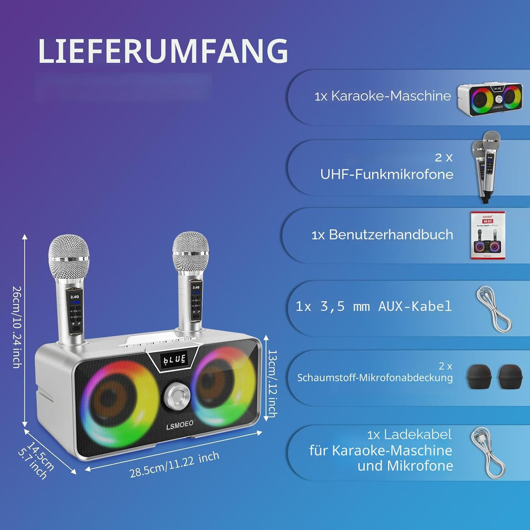 Tragbarer Karaoke Maschine,Karaoke mit 30W Bluetooth Lautsprecher,2 Kabellosen Karaoke-MikrofonWiede