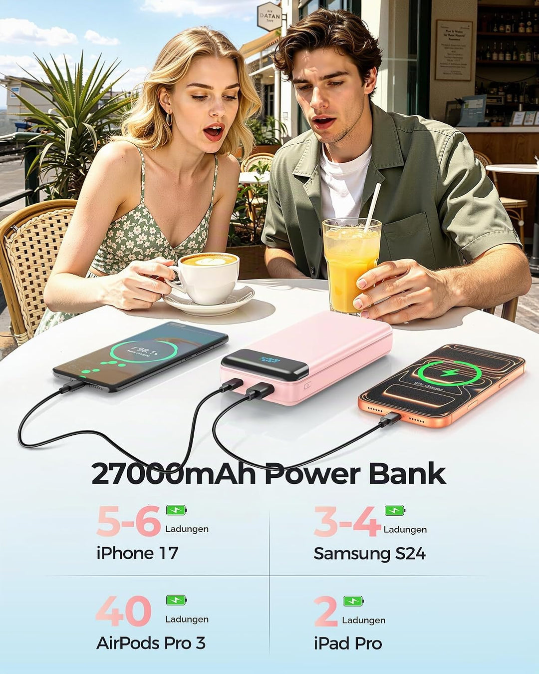 Enerwow Power Bank 27000mAh 22.5W Schnellladen mit Integriertem USB-C Kabel | Externer Akkupack 4 Au
