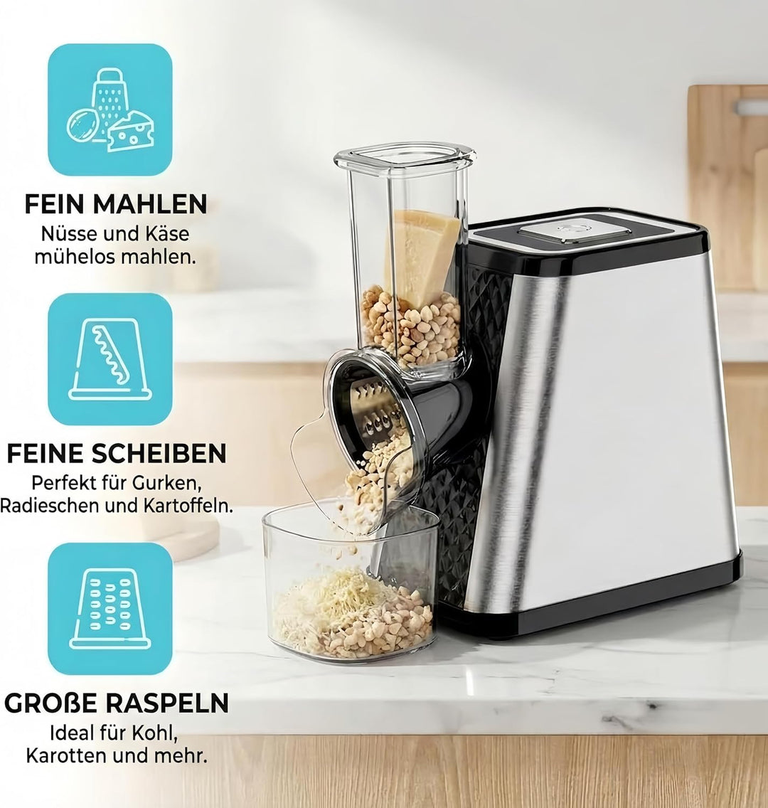 Elektrischer Gemüsehobel 500W, 5-in-1 Multifunktionaler Gemüseschneider mit 5 austauschbaren Klingen