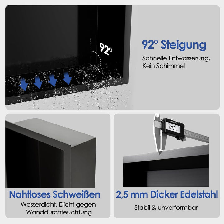 ROVOGO 40 x 20 x 10 cm Nano Schwarz Wandnische Dusche Edelstahl, Eingebettete Duschnische Einzelrega
