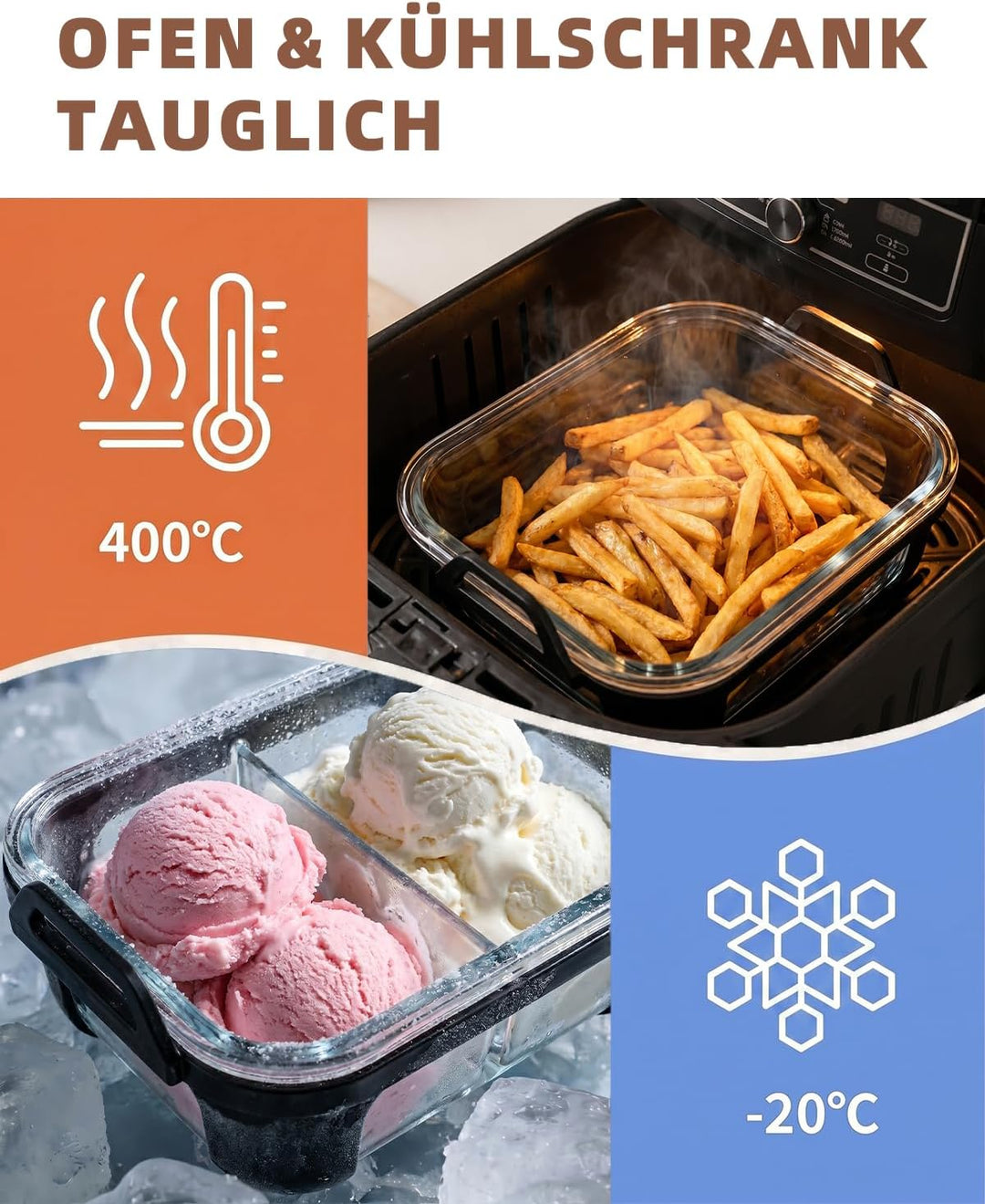 2 Stück Auflaufform Airfryer, Glas Heissluftfritteuse, BPA-frei, 2 Kammern