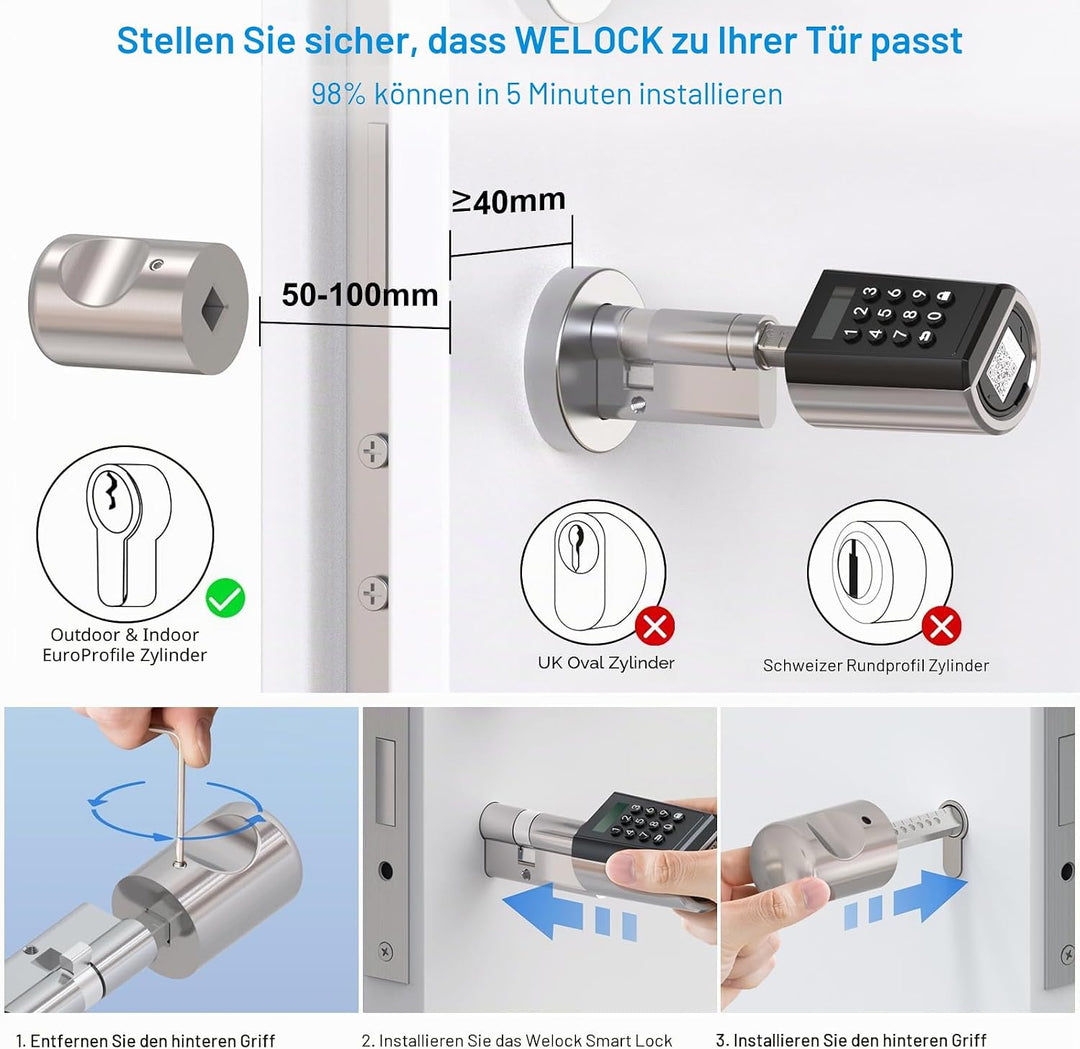 WELOCK PCB41 Elektronisches Tür-Schliesszylinder Haustür mit Zahlencode RFID-Karte APP Wi-Fi Türschl