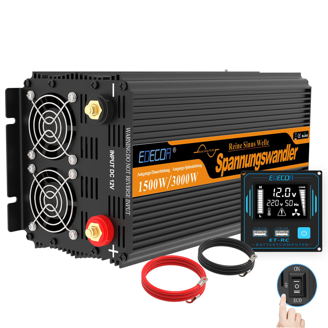EDECOA Spannungswandler 12v 230v Wechselrichter 12 auf 230v Reiner Sinus 1500w Konverter mit Fernbed