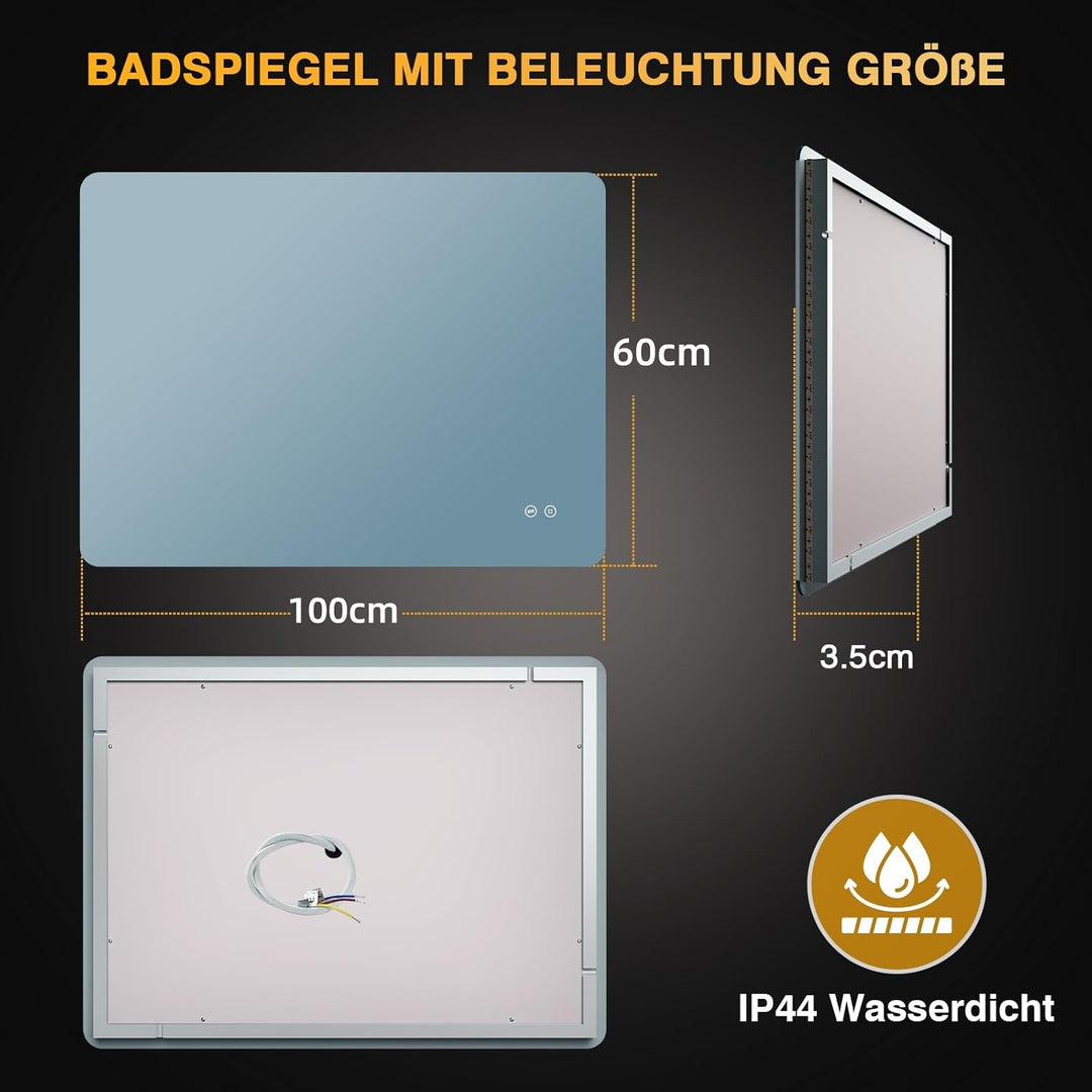 Badezimmer Spiegel mit Beleuchtung 100x60cm, LED Bad Spiegel mit licht, 3 Lichtfarben, Dimmbar, Rech