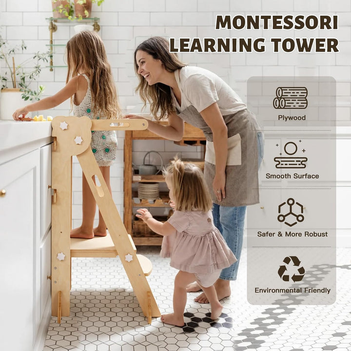 labebe Klappbar Lernturm für Kinder, Montessori Learning Tower mit Zweiseitige Tafel, 3 in 1 Einstel