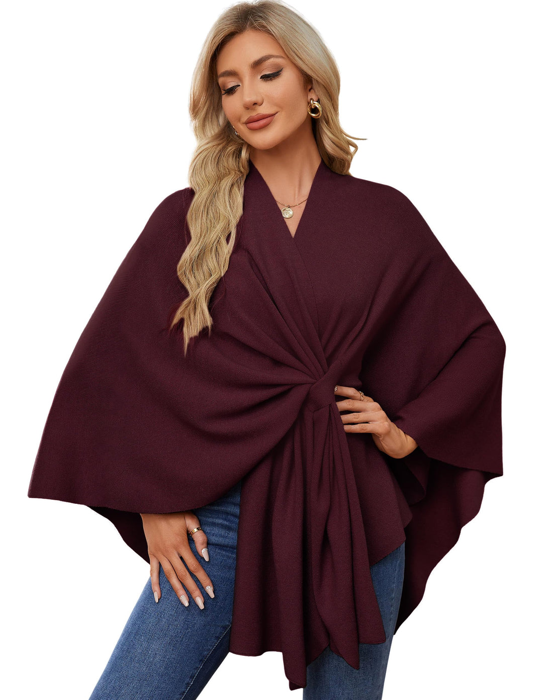 PULI Damen Elegant Poncho Strick Ponchos Capes Vorne öffnen Vielseitige Schalwickel mit Lasche Burgu