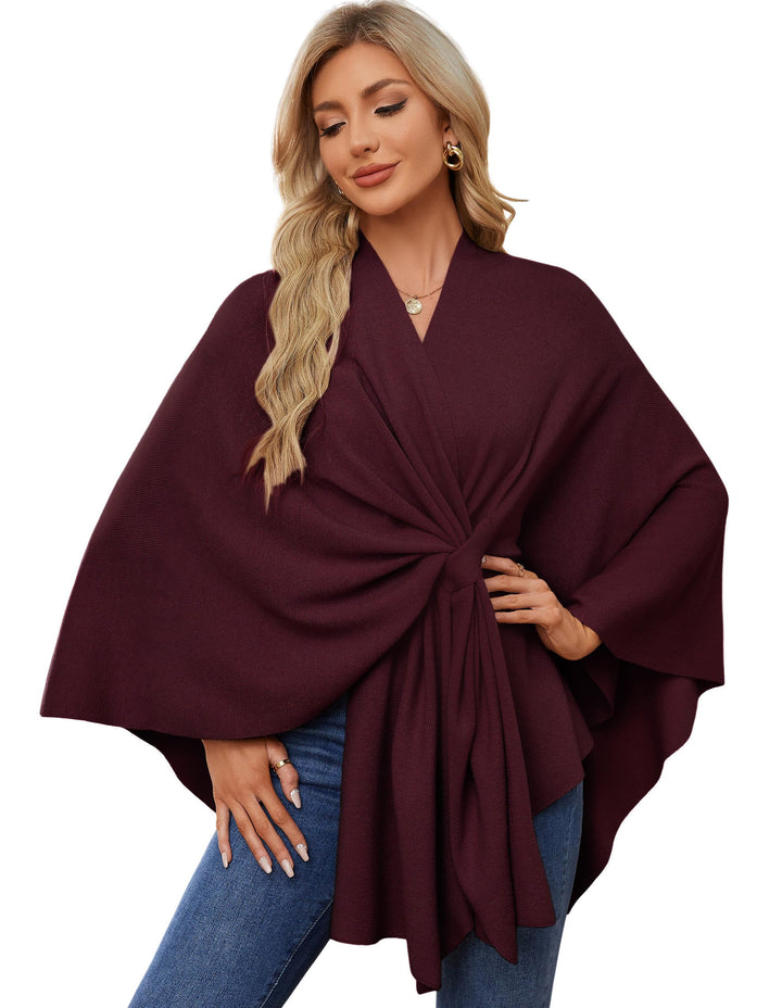 PULI Damen Elegant Poncho Strick Ponchos Capes Vorne öffnen Vielseitige Schalwickel mit Lasche Burgu