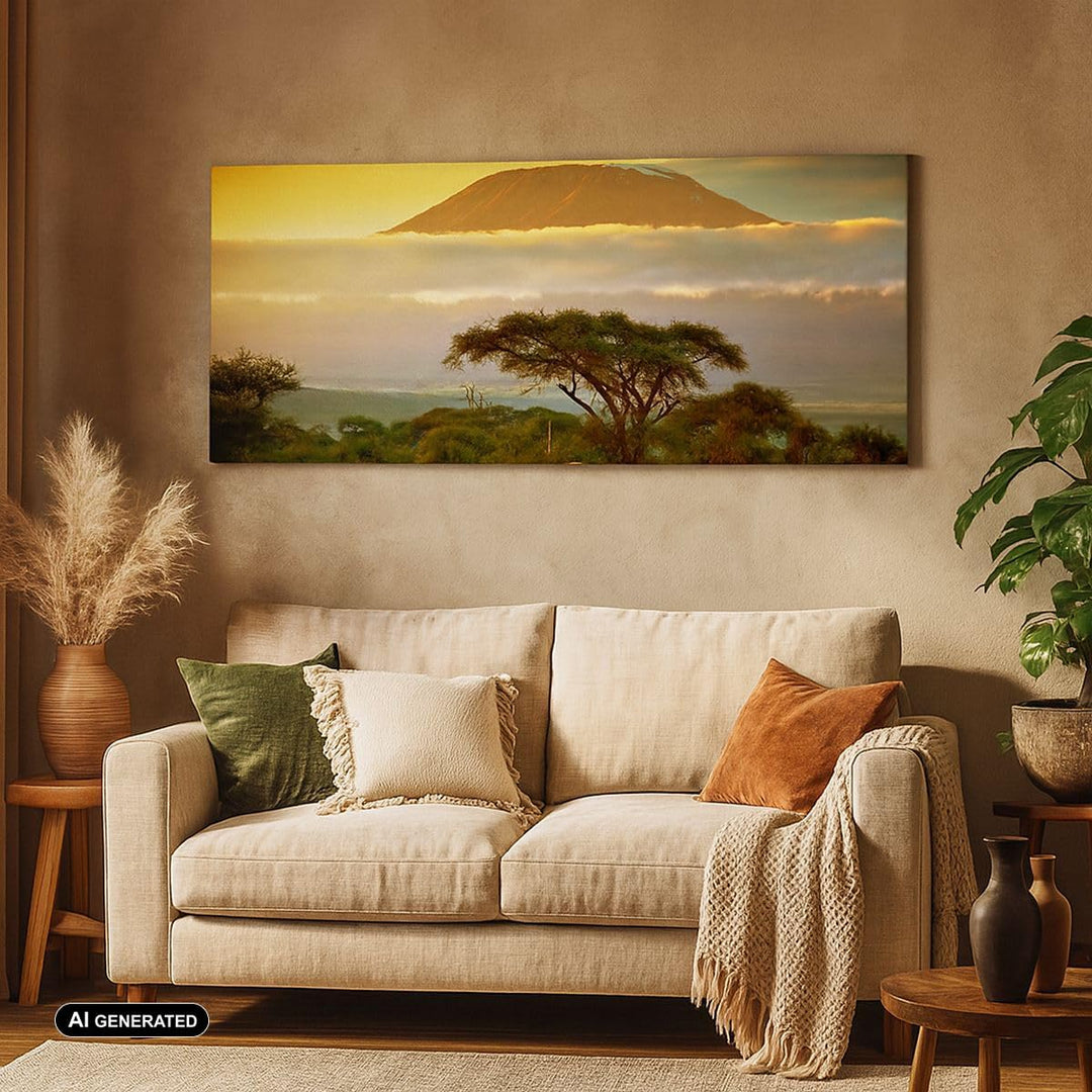 Wandbilder Dekoration Wohnzimmer Safari Tierwelt Berg Kenia Panorama Bilder auf Leinwand 120x50cm Le