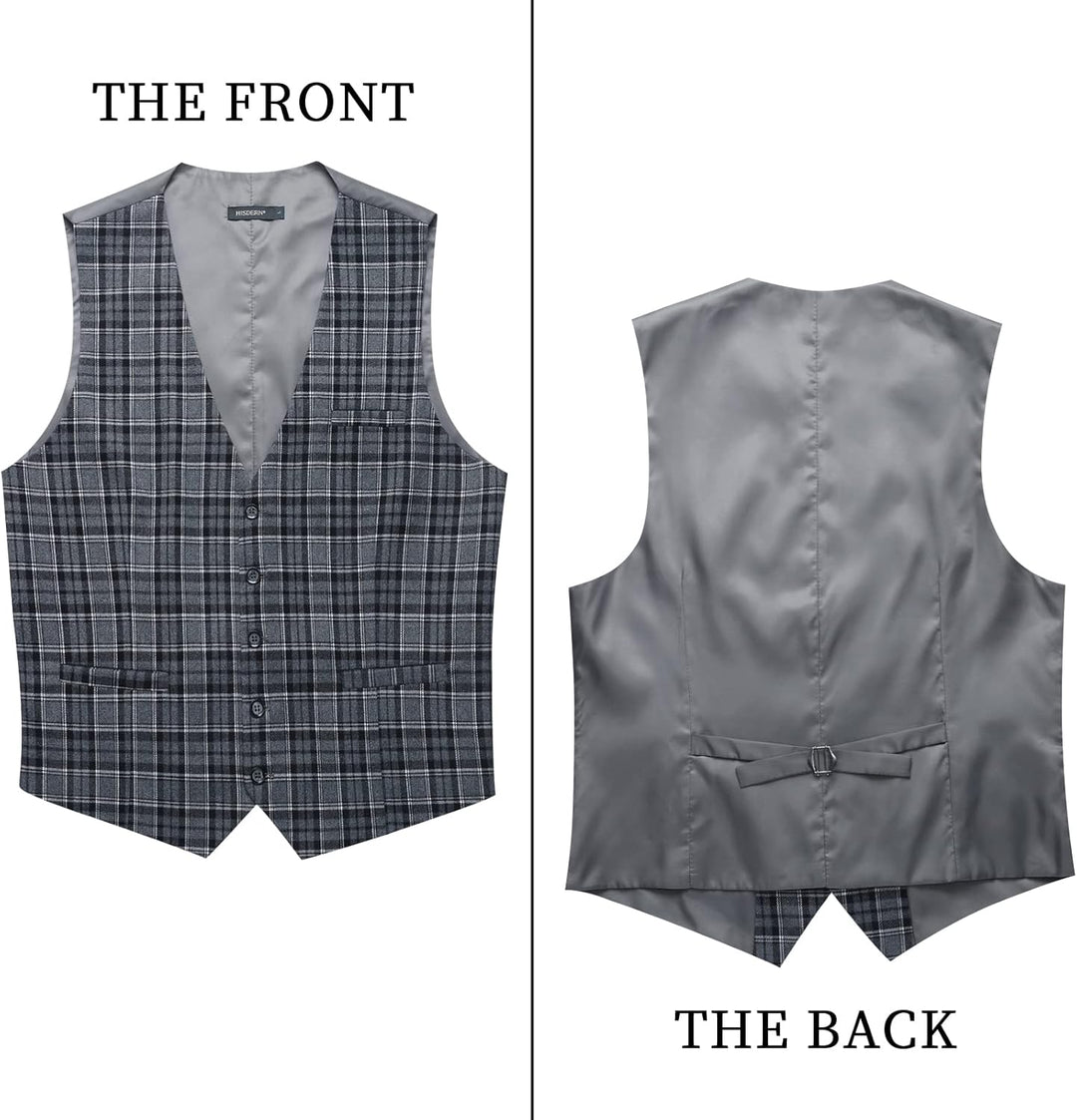 HISDERN Manner Formale Hochzeitsfeier Weste Baumwolle Plaid Kleid Anzug Weste für Herren Schwarz L,