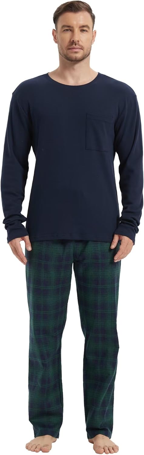 GLOBAL Herren Schlafanzüge Flanell Herren Pyjama Set Baumwolle Langarm-Pullover Oberteil und elastis