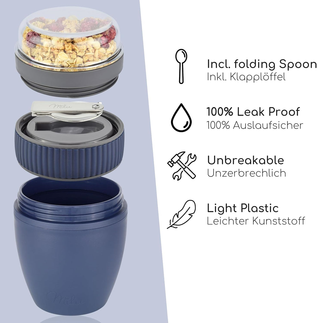 Milu Müslibecher to go 400ml MüsliMax Plastik Joghurtbecher für Müsli I auslaufsicherer Becher mit L
