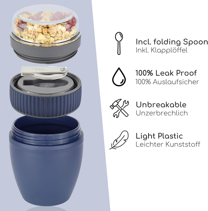 Milu Müslibecher to go 400ml MüsliMax Plastik Joghurtbecher für Müsli I auslaufsicherer Becher mit L