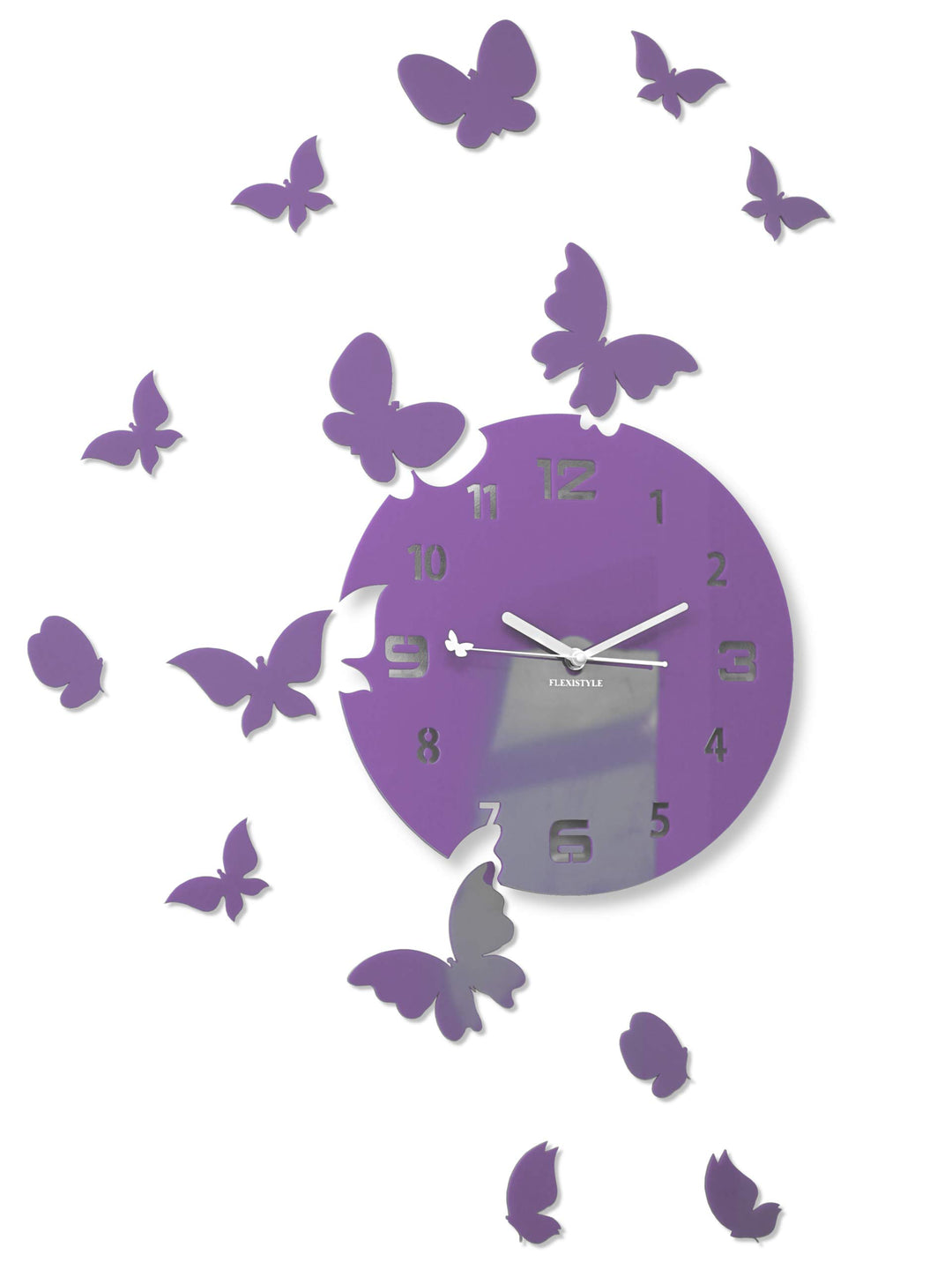 FLEXISTYLE Grosse Moderne Wanduhr Schmetterling rund 30cm, 15 Schmetterlinge, Wohnzimmer, Schlafzimm