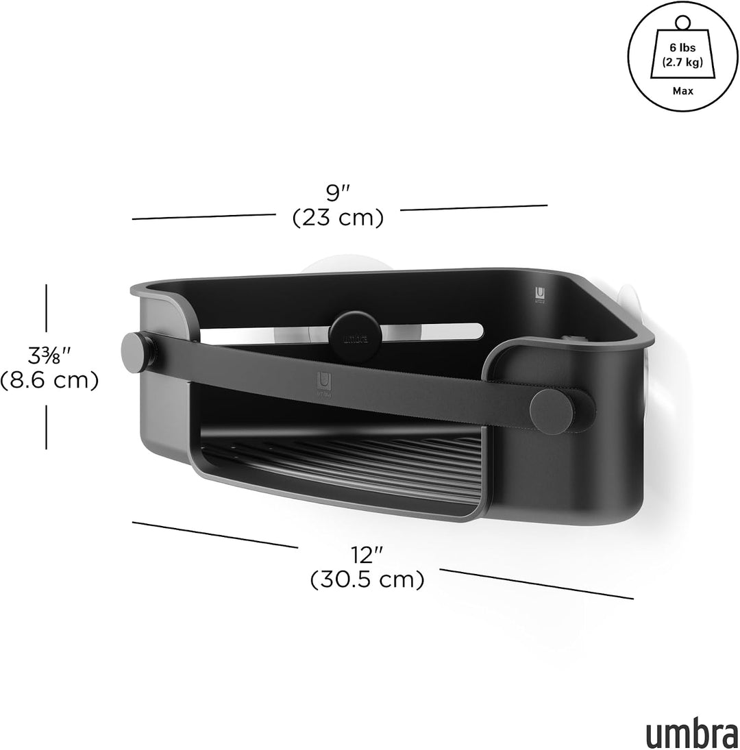 Umbra Flex Duschablage zum Kleben, ohne Bohren, Schwarz | Wasserfester Klebestreifen, integrierter A