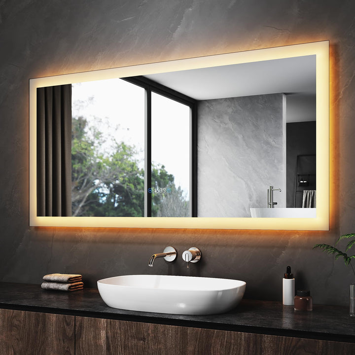 SONNI LED Badspiegel 120x60 cm, Touchschalter mit Uhr & Temperatur, 3 Lichtfarben für Make-up, Antib