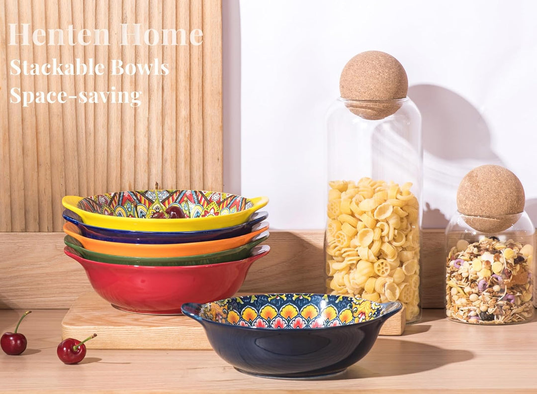 Henten Home Schalensets mit Griffen, Salatteller Servierteller 6er Set, 520ml Keramik Pastateller fü