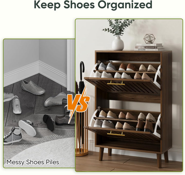 Schuhschrank Bauernhausstil, schmaler freistehender Schuh-Organizer mit 2 klappbaren Latten-Schublad