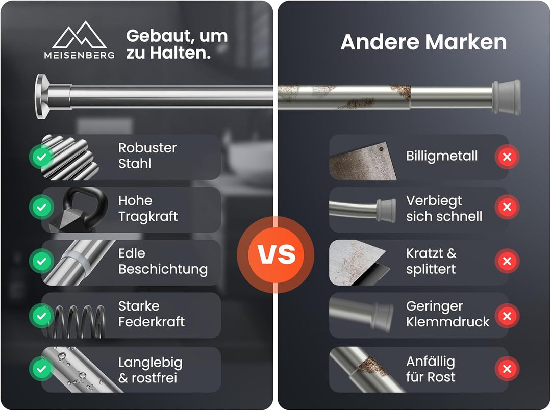 MEISENBERG Vorhangstange ohne Bohren 50-80cm Ø25mm - Gardinenstange zum Klemmen - Edelstahl - Spanns