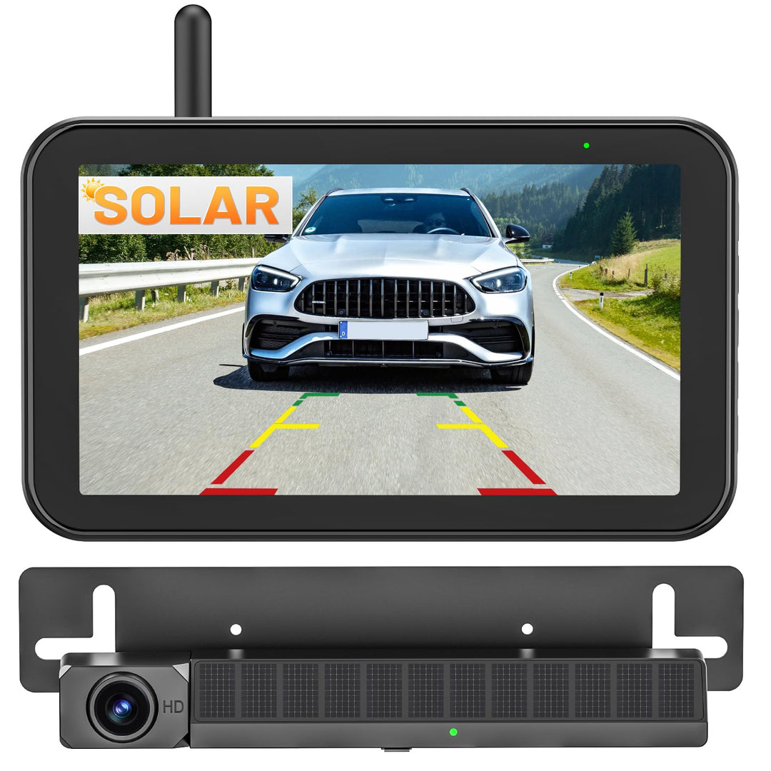 Solar Rückfahrkamera Kabellos, 5" Digital Rückfahrkamera Set 1080P Monitor, mit eingebautem Funksend
