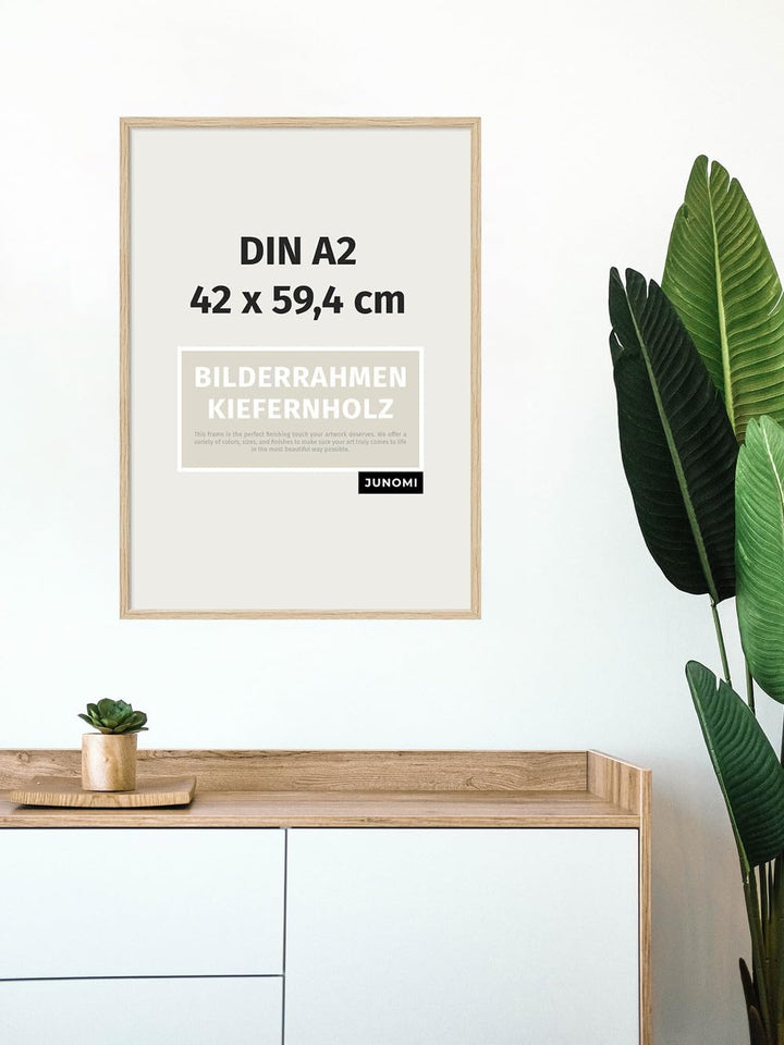 JUNOMI® Bilderrahmen DIN A2 Holz | Farbe Eiche | Bilderrahmen 42 x 59,4 cm Eiche mit bruchsicherem A