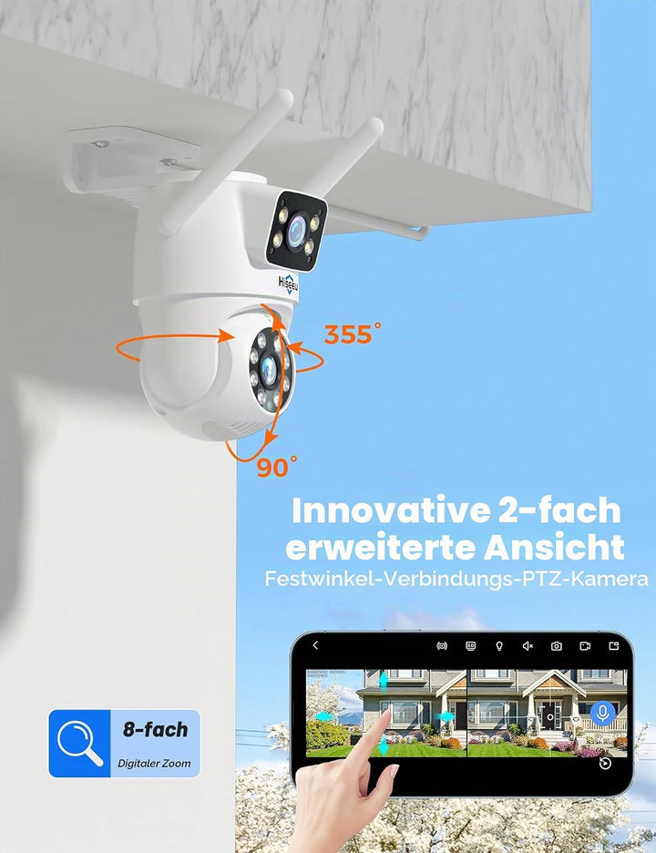 Hiseeu [Dual-Objektiv 3MP Überwachungskamera Aussen WLAN,2,4G/5G Dual-Ansicht PTZ WiFi Kamera Outdoo