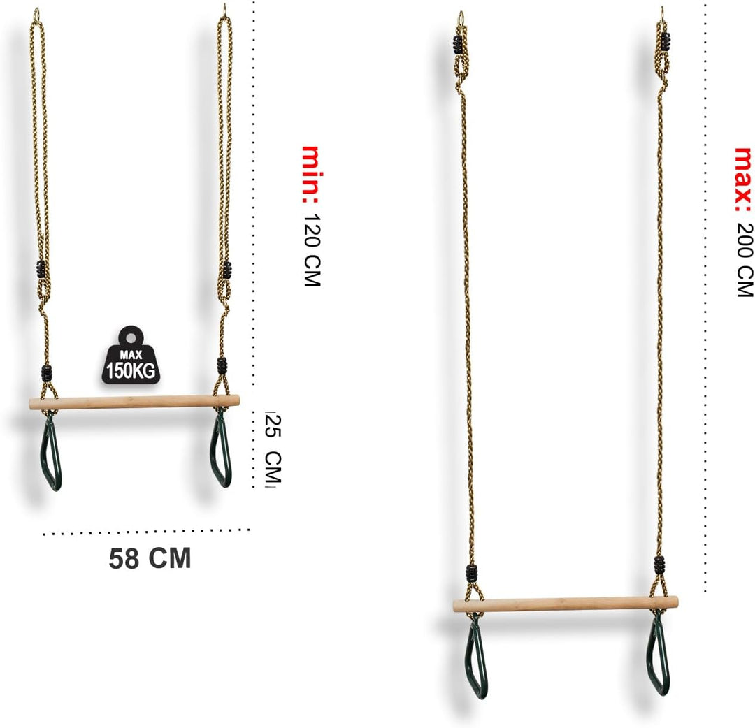 Leogreen Kinder Holz Trapeze Schaukel mit Kunststoff Turnringe, Aufhängen belastbar bis 150KG, Schau