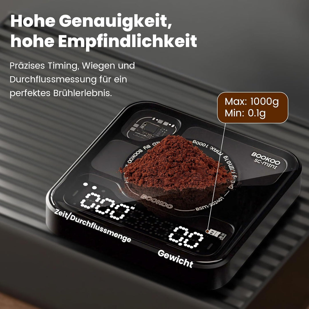 BOOKOO Kaffeewaage mit Timer, 0,1g Hochpräzise wiederaufladbare Espresso Waage mit 3 Mode, Bluetooth