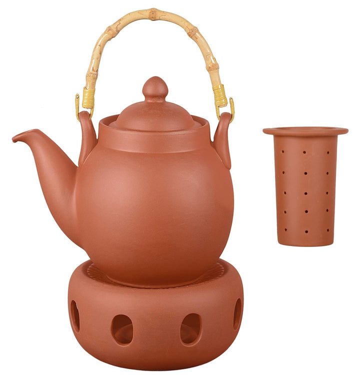Ton Teekanne Tenno 0,8 Liter mit Tonsieb, Bambushenkel und Stövchen. Handgefertigt, Original