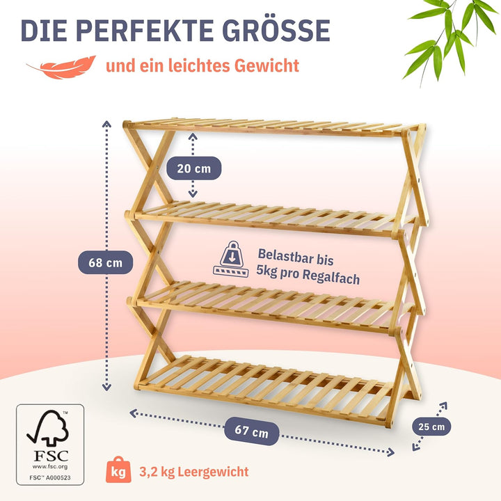 Felino® Schuhregal Schuhablage Organizer aus Bambus Holz offen | 70cm lang | Schuhorganizer offenes