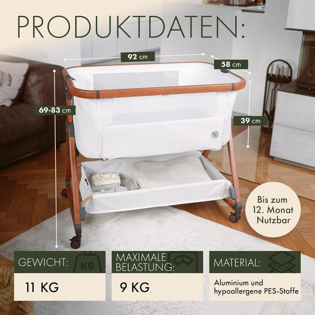 KUNU® Babybett - Beistellbett Baby mit Rollen für Boxspringbett - 3 in 1 rollbares Baby Bett Reise B