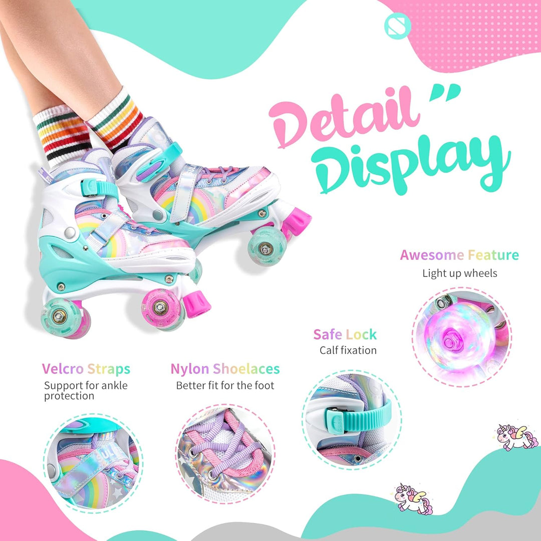 SULIFEEL Rainbow Unicorn Verstellbare Rollschuhe für Kinder mit Leuchtenden Rädern für Mädchen und J