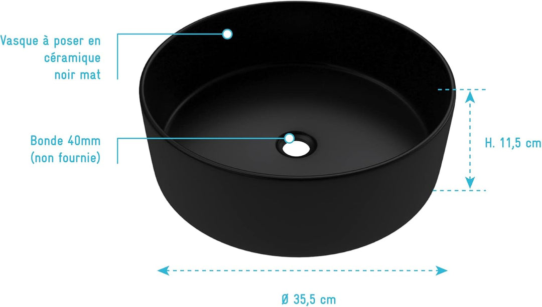 Rundes Aufsatzwaschbecken aus Keramik – Durchmesser 36 cm – Höhe 11,5 cm – Roundy Dark, 36cm x 11.5c