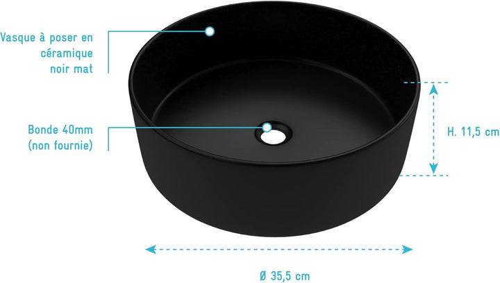 Rundes Aufsatzwaschbecken aus Keramik – Durchmesser 36 cm – Höhe 11,5 cm – Roundy Dark, 36cm x 11.5c