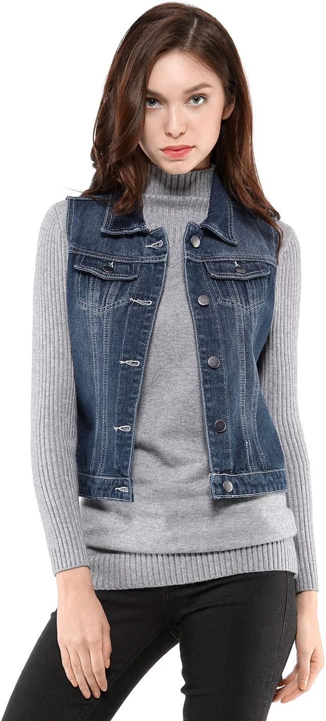 Allegra K Damen Jeansweste Ärmellos Knopfleiste Denim Rever Jacke Westen mit Taschen 3XL Blau, 3XL B