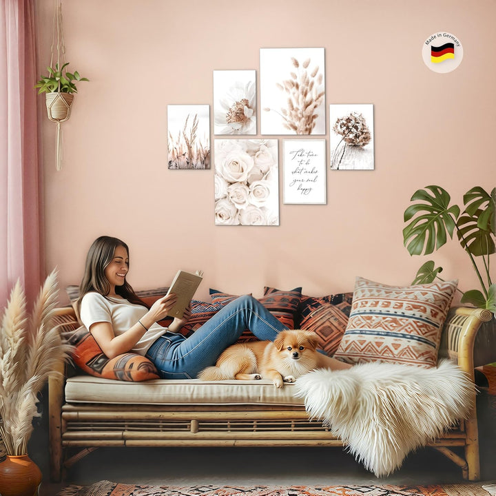 Novart Bilder Set - AUFHÄNGFERTIG - KEIN EXTRA RAHMEN BENÖTIGT - Boho Blumen Modern Beige - Wohnzimm