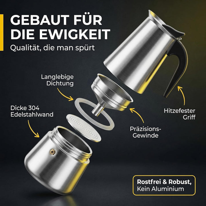 Coffee Fox® Espressokocher aus Edelstahl - Kaffeebereiter Kaffeekocher Espresso-Kanne (9 Tassen - 45