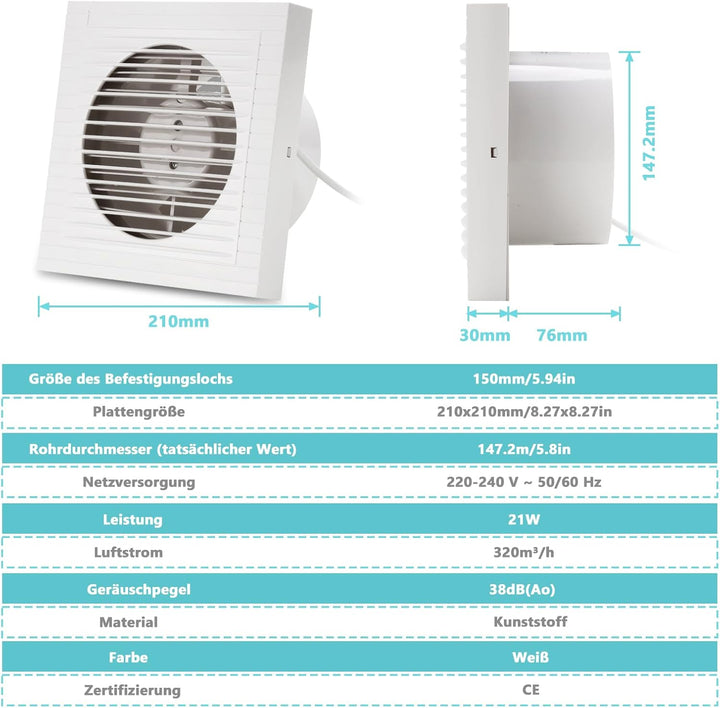 Randaco 2x Badlüfter Ø 150mm Wandventilator Mit Ruckstauklappe Badventilator, Leise Weiss Ventilator