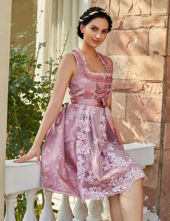 KOJOOIN Trachtenkleid Dirndl Kurz Damen Mid mit Spitzenschürze 2tlg. für Oktoberfest von Gr 34 bis 4