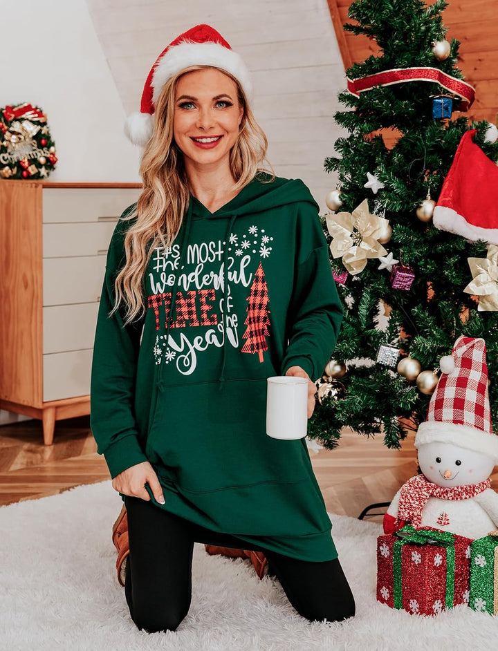 Migcaput Damen Hoodie Langarm Sweatshirts mit Kapuze Kapuzenpullover Lang Kleid Sweatkleid Casual Mi