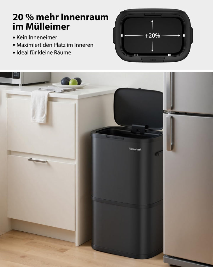 lovewind Mülleimer Küche 60L Edelstahl, Abfalleimer küche mit Deckel, Soft-Close Verschluss, Werkzeu