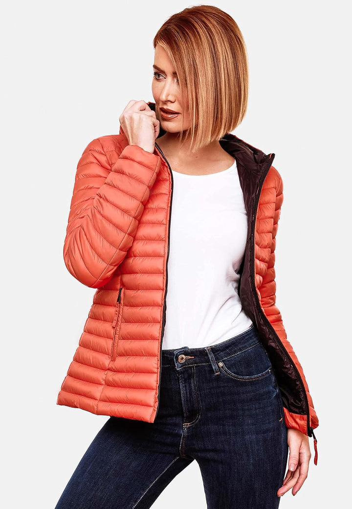 MARIKOO Damen leichte Übergangsjacke Steppjacke mit Kapuze Asraa XS-3XL, Coral