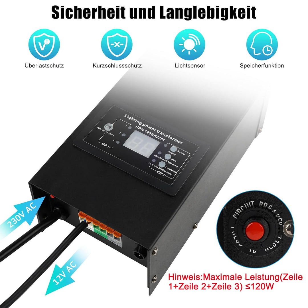 COOLWEST LED Transformator 120W mit Lichtsensor, LED Trafo 230V AC auf 12V AC mit Timer, Transformat