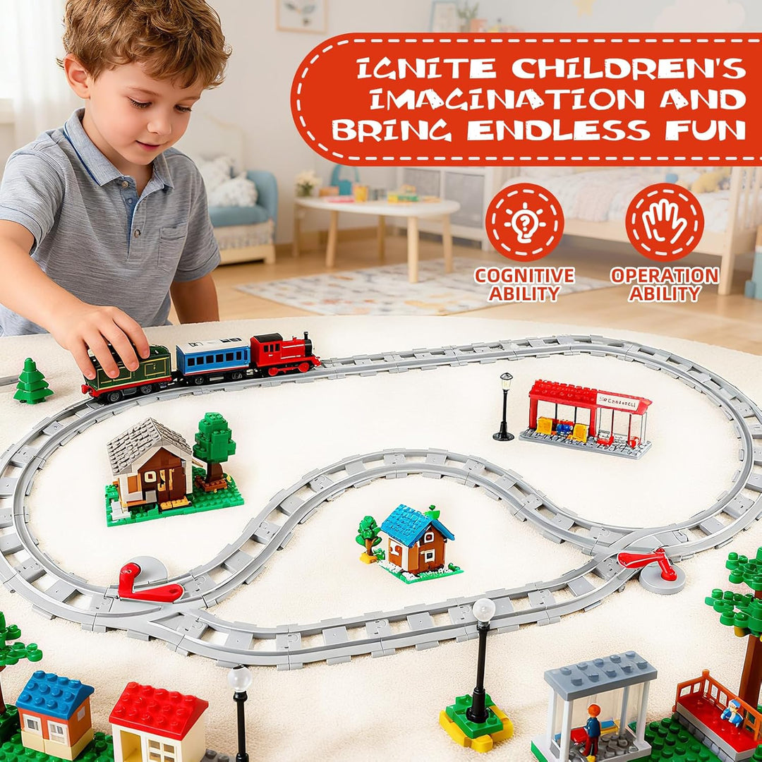 Bausteine Zug Schienen Set, 32PCS Spielzeug Eisenbahnschienen, City Zug Schienen Set mit Cross Track